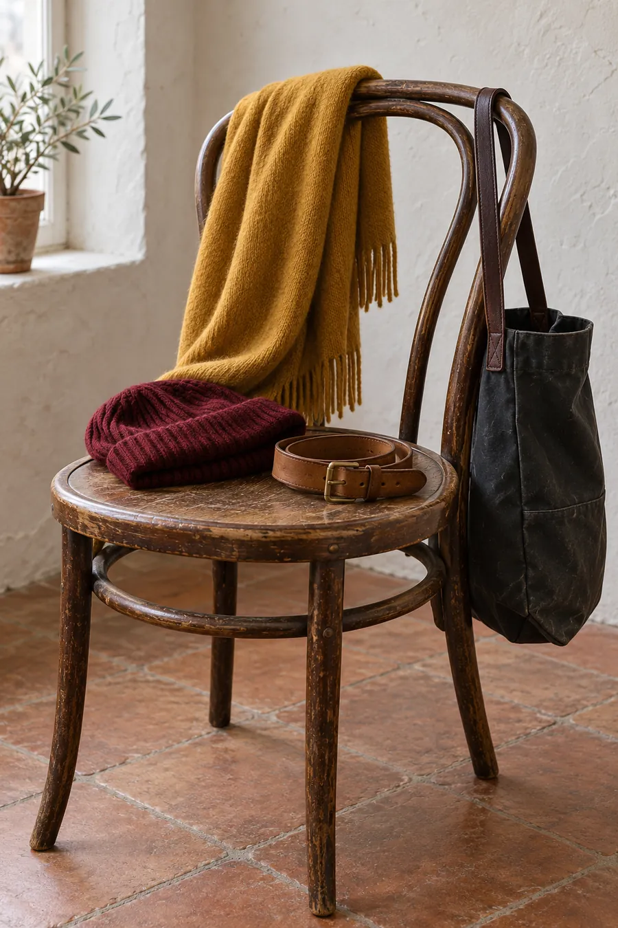 Bufanda mostaza, gorro granate y bolso de lona sobre una silla de madera