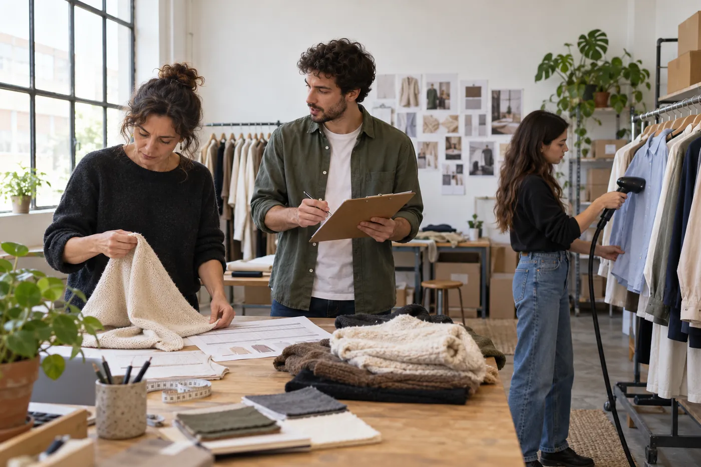 Equipo de APROP revisando muestras de punto y camisas en el estudio