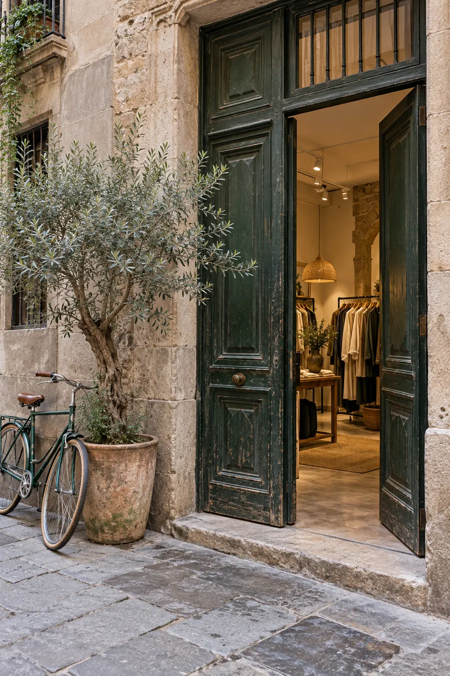 Entrada del showroom de APROP con puerta de madera verde y un olivo en maceta