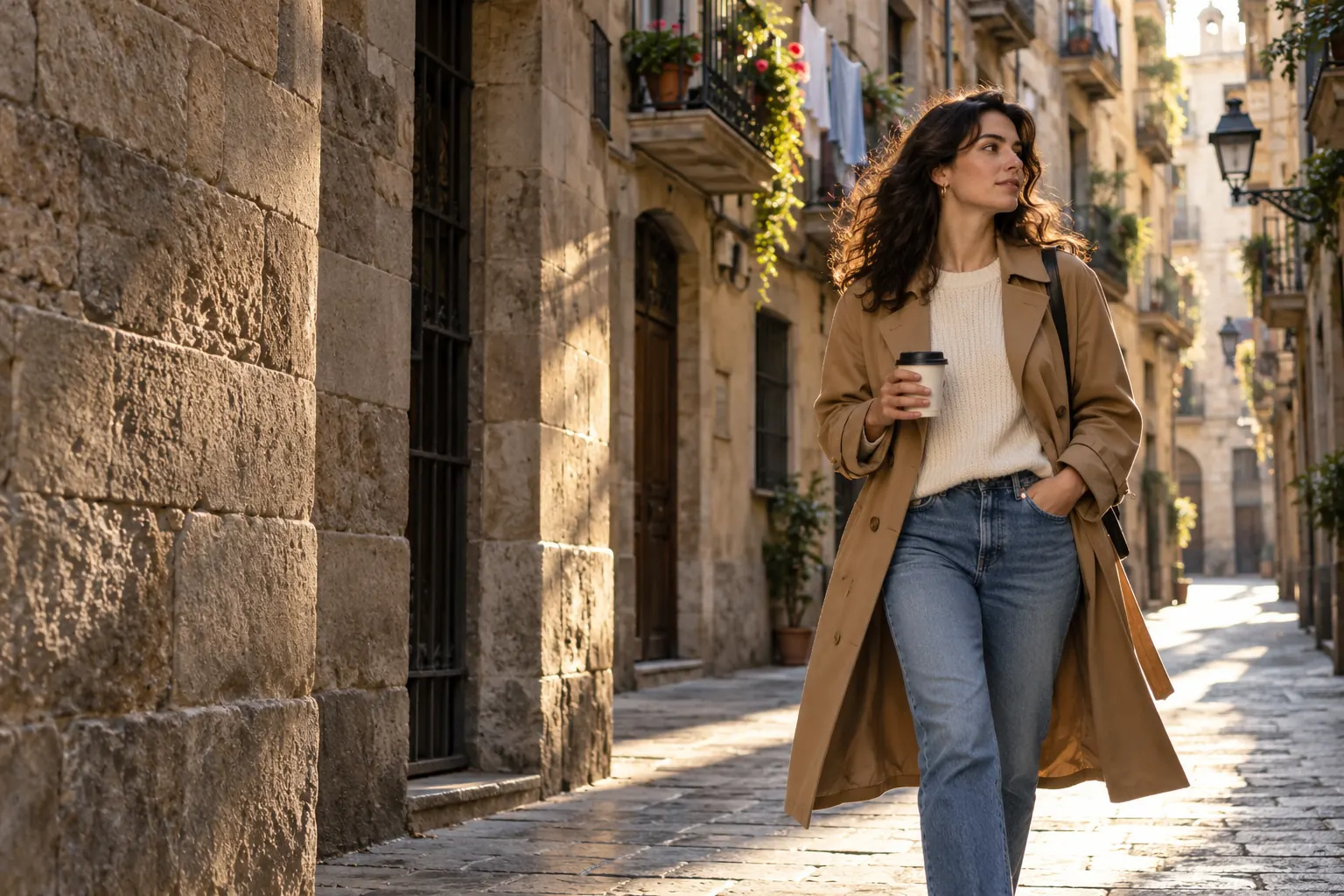 Mujer con gabardina camel y vaquero caminando por una calle del Born con un café en la mano
