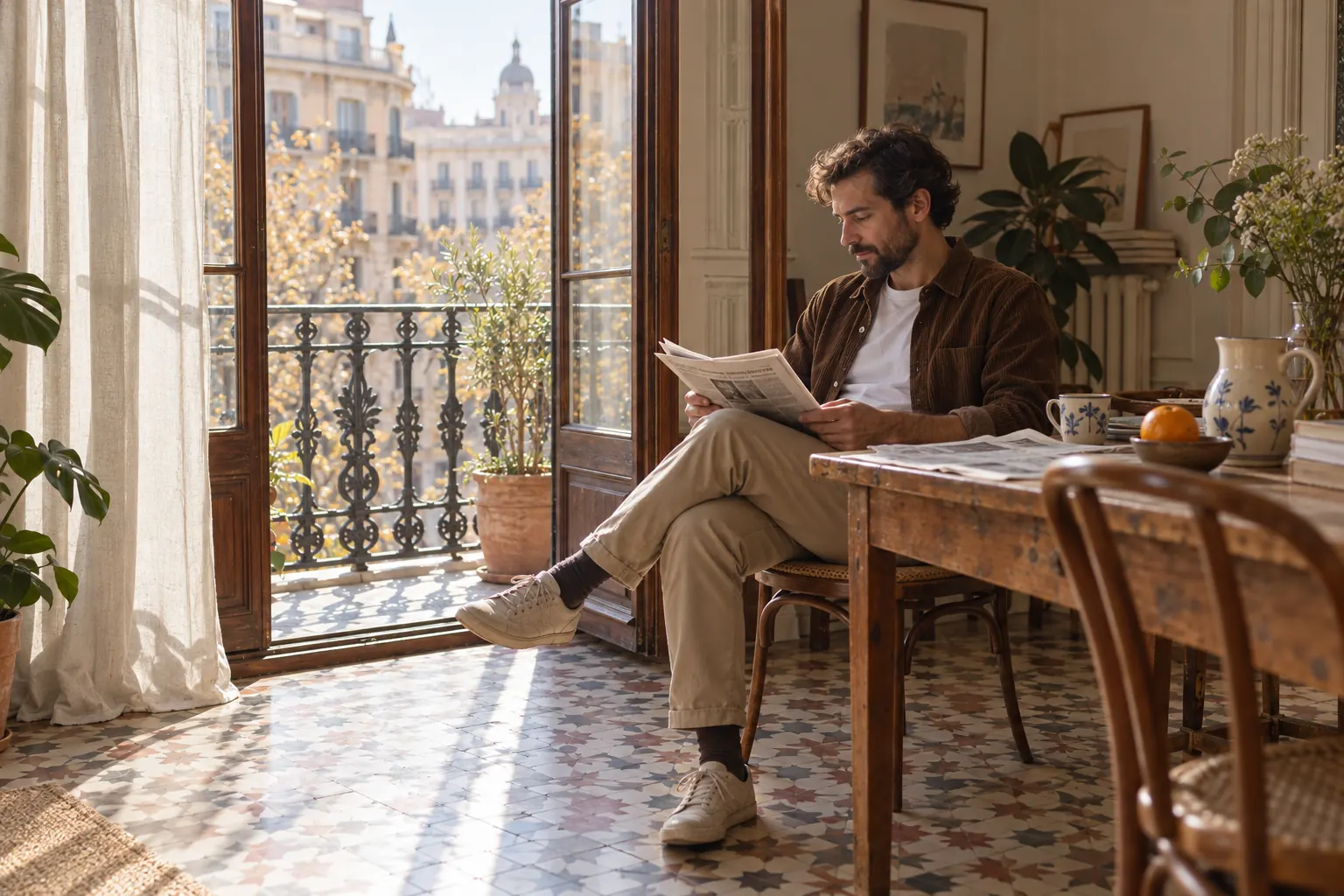 Hombre con sobrecamisa de pana marrón leyendo el periódico junto al balcón de un piso del Eixample