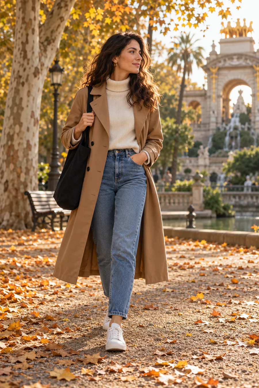 Mujer con gabardina camel, jersey de cuello alto y vaquero mom paseando por el Parc de la Ciutadella