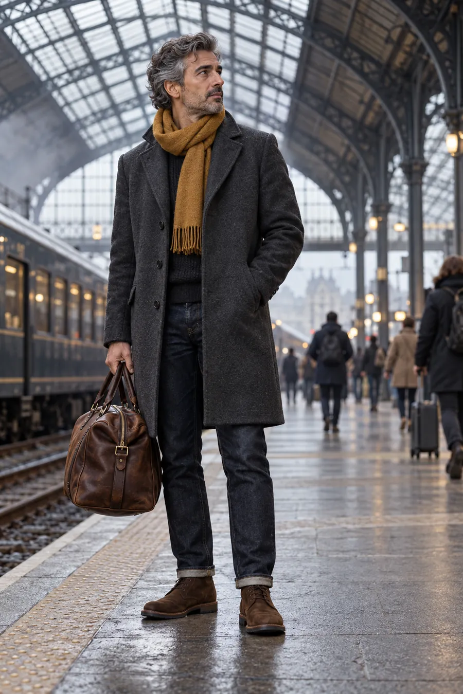Hombre con abrigo de paño gris, bufanda mostaza y vaquero selvedge en un andén