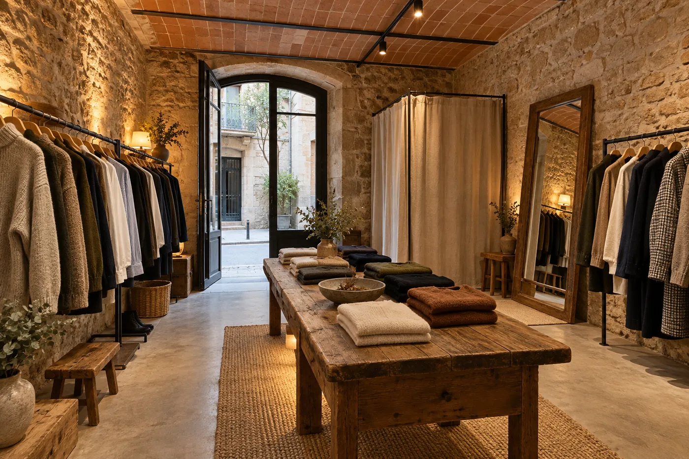Interior del showroom de APROP en el Born, con bóveda catalana, burras de ropa y probador de lino