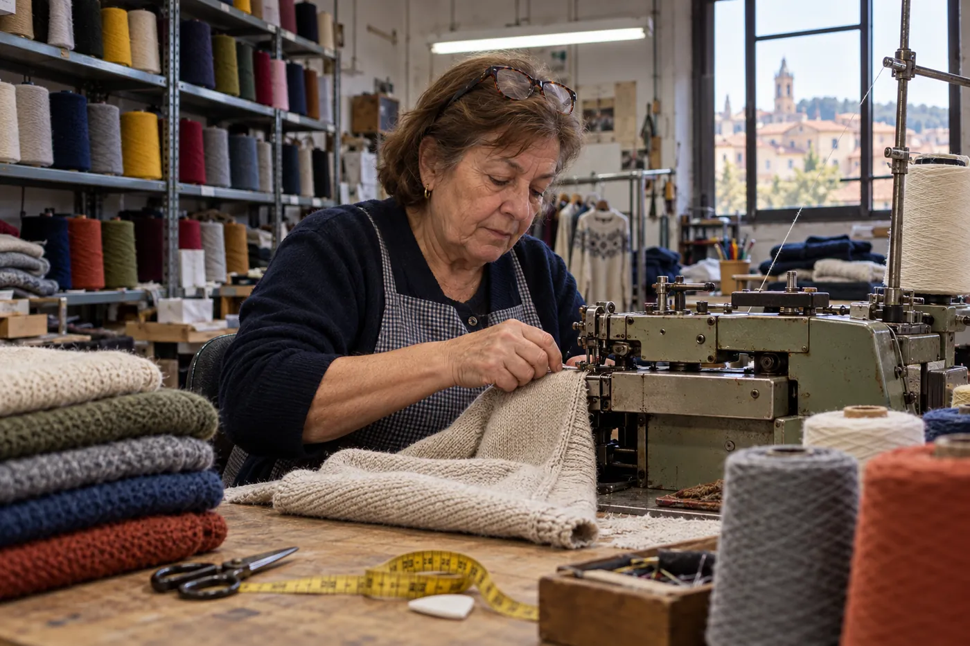Costurera remallando un jersey en una máquina del taller de punto de Igualada